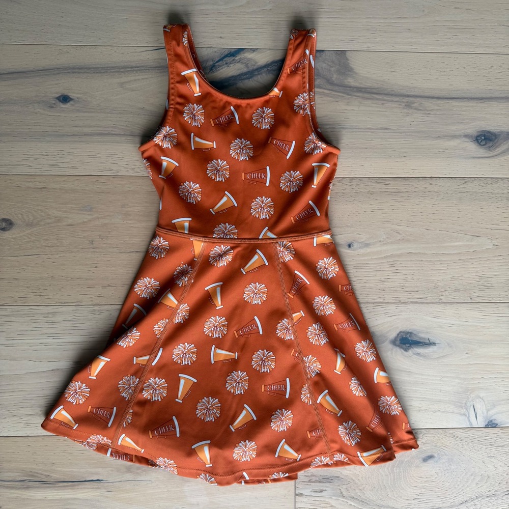 SweetHoney Kids Orange Cheer Print Active Dress with Built-in Shorts Size 8Y